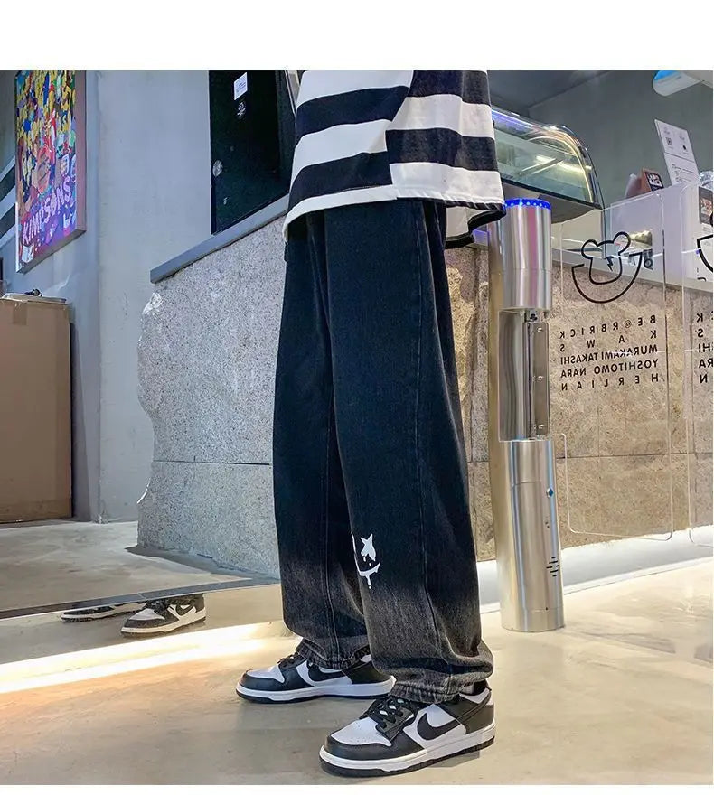 Harajuku Smile Print Baggy Pants Men Streetwear Wide Leg Oversize Jeans Vintage Y2k Straight Long Trousers Male 2024 Fashion