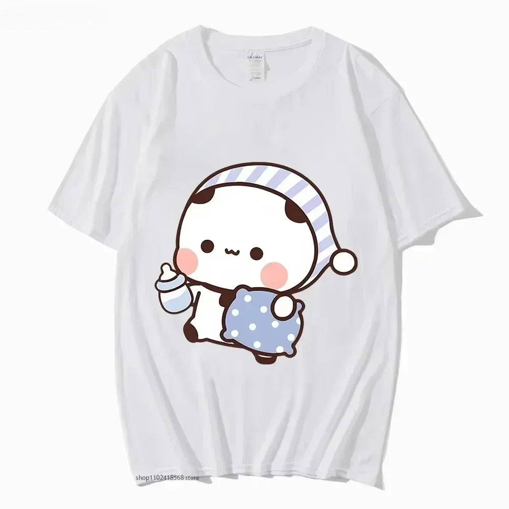 Couple Tshirt Cute BuBu Panda Going To Sleep with DuDu Bear Graphic Tshirt Women Clothes Sleeve Tops Women's Clothing