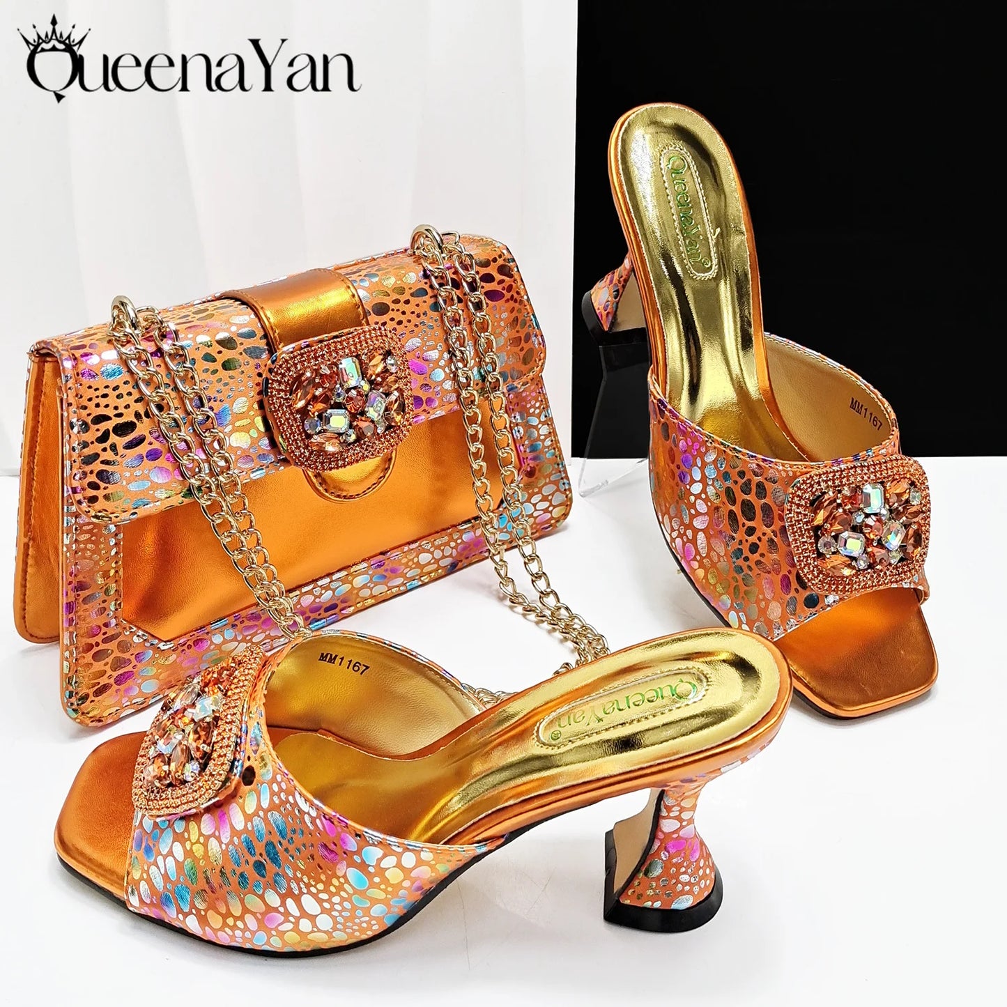 Fashion Newest Arrival Orange Color Square Toe Women Sandals Shoes Matching Bag Set for Ladies Wedding Party Pump