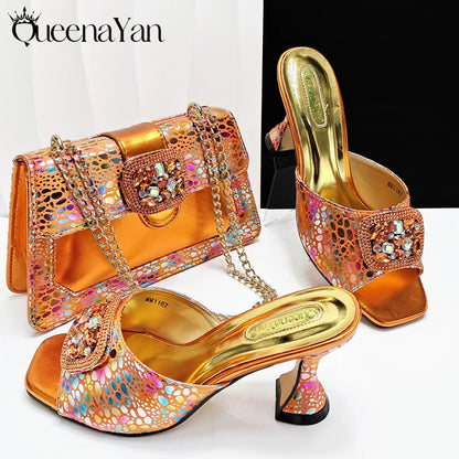 Fashion Newest Arrival Orange Color Square Toe Women Sandals Shoes Matching Bag Set for Ladies Wedding Party Pump