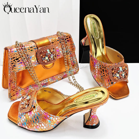 Fashion Newest Arrival Orange Color Square Toe Women Sandals Shoes Matching Bag Set for Ladies Wedding Party Pump