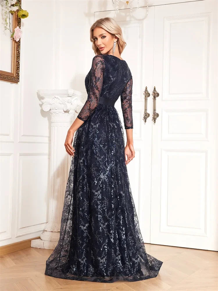 New Elegant Blue V-Neck Floral Evening Dress Long 2025 Luxury Women Long Sleeve Wedding Party Cocktail Dress Graduation Prom