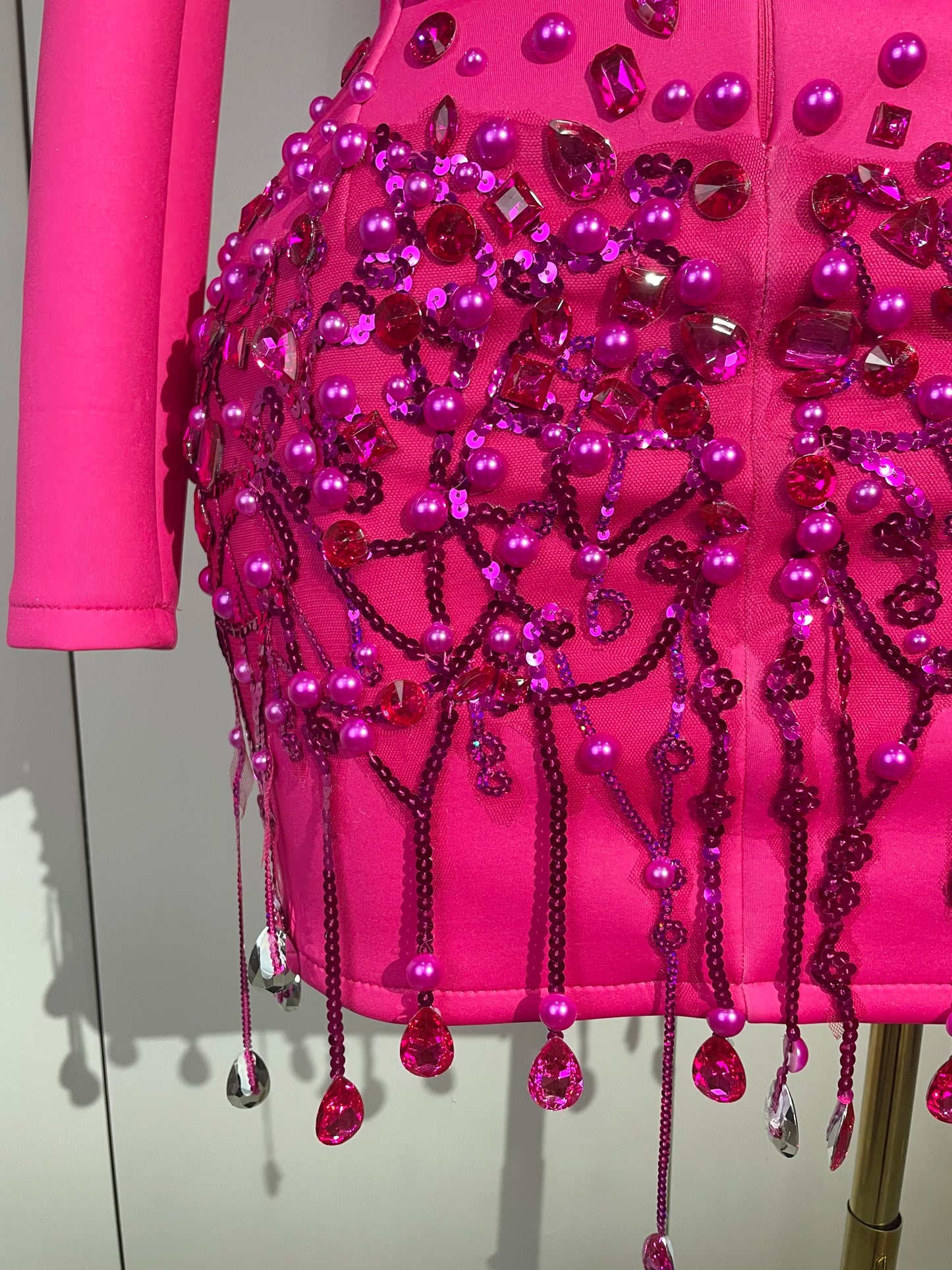 Crystal Chains Pearls Long Sleeve Mini Dress 2025 Women Birthday Evening Party Nightclub Outfit Singer Wedding Costume