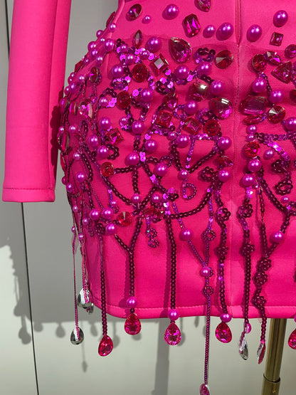 Crystal Chains Pearls Long Sleeve Mini Dress 2025 Women Birthday Evening Party Nightclub Outfit Singer Wedding Costume