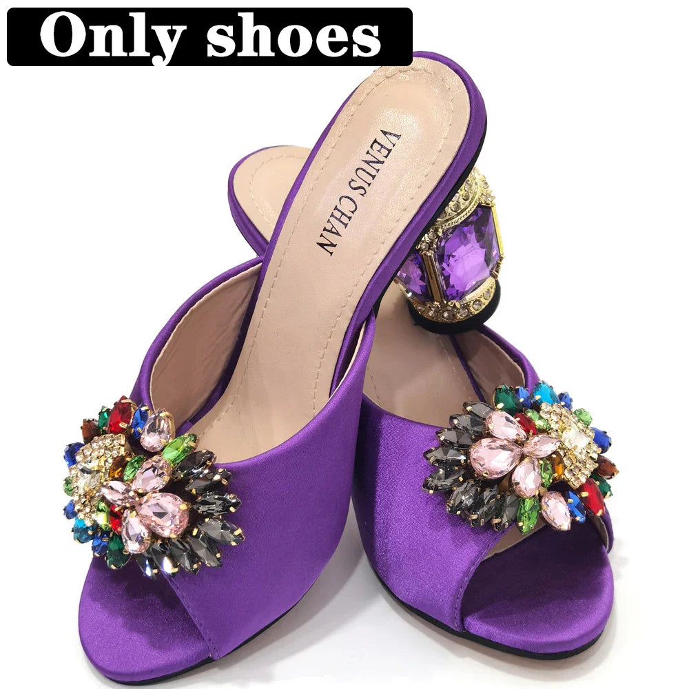 Bolsas e Sapatos de Casamento com Salto Alto Feminino de Festa com Strass Luxuosos na Cor Amarela Elegantes para a Noite
