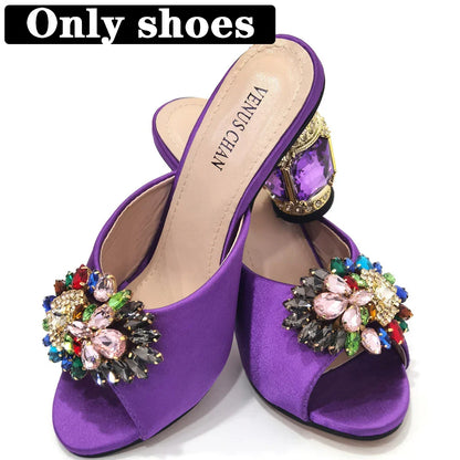 Bolsas e Sapatos de Casamento com Salto Alto Feminino de Festa com Strass Luxuosos na Cor Amarela Elegantes para a Noite