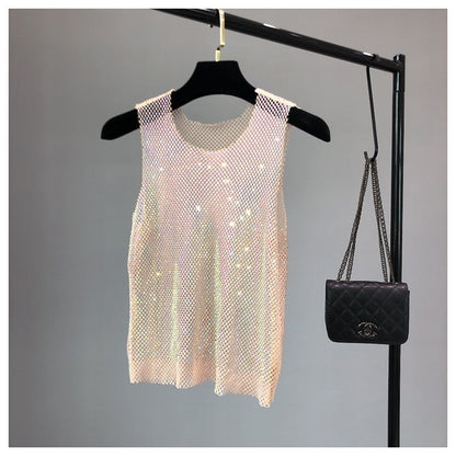 Crystal Beading Shiny Tanks Party Club Sexy Hollow Out Diamonds Stamping Camis Winky Sleeveless Vest