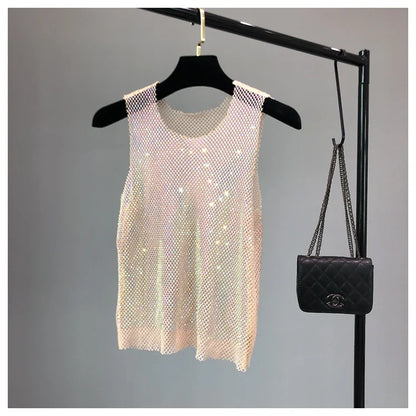 Crystal Beading Shiny Tanks Party Club Sexy Hollow Out Diamonds Stamping Camis Winky Sleeveless Vest