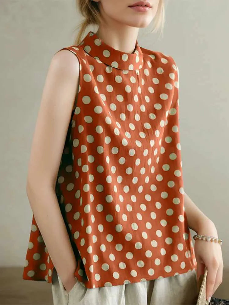 Women Dots Tank Tops 2024 Summer Sleeveless Camis Blouse Korean Fashion Round Neck Shirt Casual Loose Round Neck Tunics