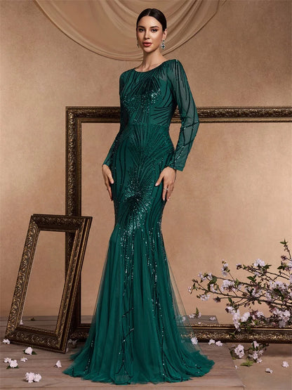 Elegant Long Sleeves Sequin Tulle Evening Dresses 2025 Women Luxury Mermaid Formal Bridesmaid Party Maxi Prom Dress