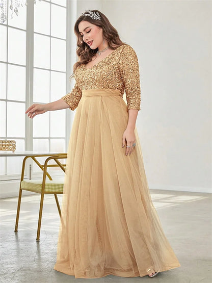 Plus Size Luxury Floor Length V-Neck Evening Dress 2025 Women Elegant Party Maxi Dress Sequin Short Sleeves Prom Cocktail Gown
