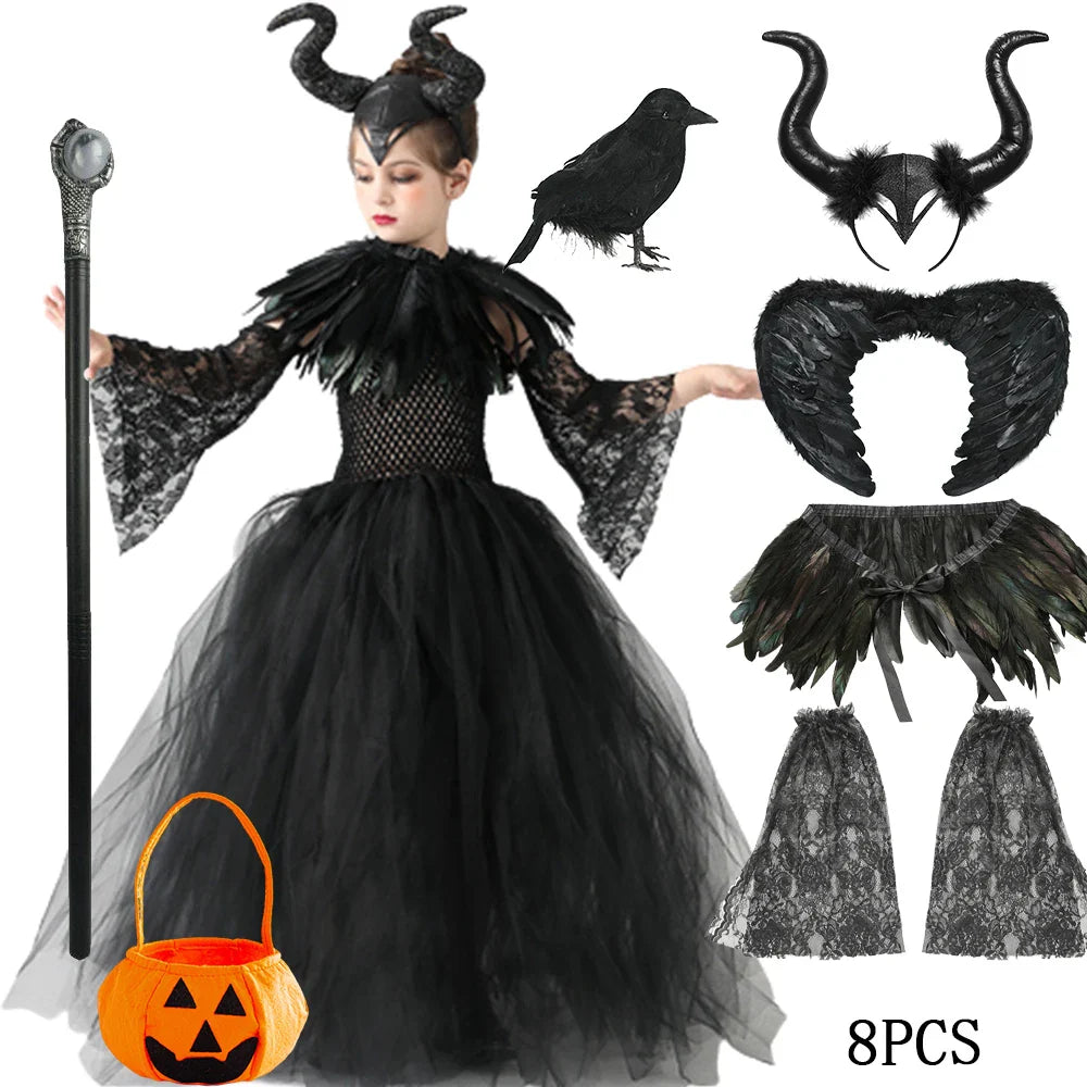 Halloween Maleficent Costume for Girls Evil Queen Dress Up Costumes Witch Devil Black Mesh Princess Dress Cosplay
