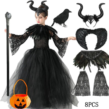 Halloween Maleficent Costume for Girls Evil Queen Dress Up Costumes Witch Devil Black Mesh Princess Dress Cosplay