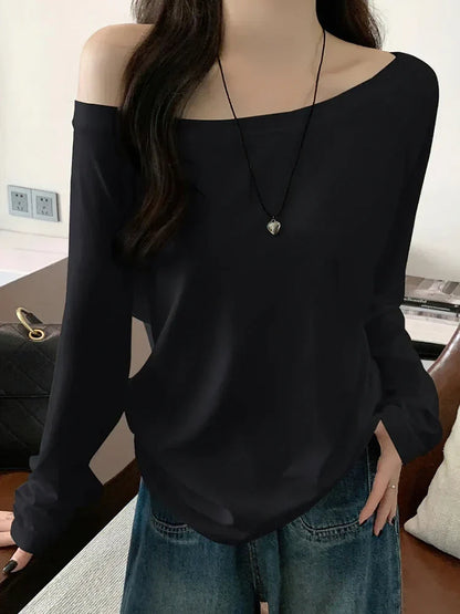 Oversize Off shoulder Long sleeve T shirt Women Solid color Casual Tops Lady Spring Autumn Basic Tees Korean style Youth Blouses