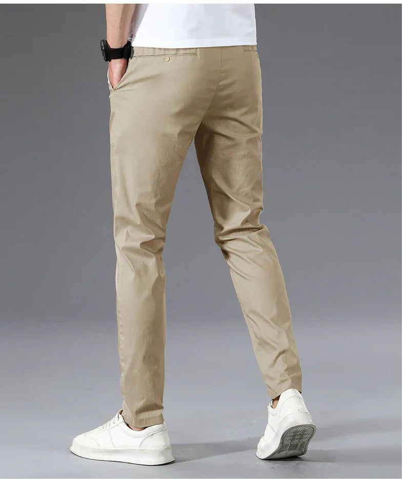 Business Thin Men's Breathable Pants Slim Straight High Elastic Slim Casual Pants Male Brand Clothing Khaki Gray Green Black