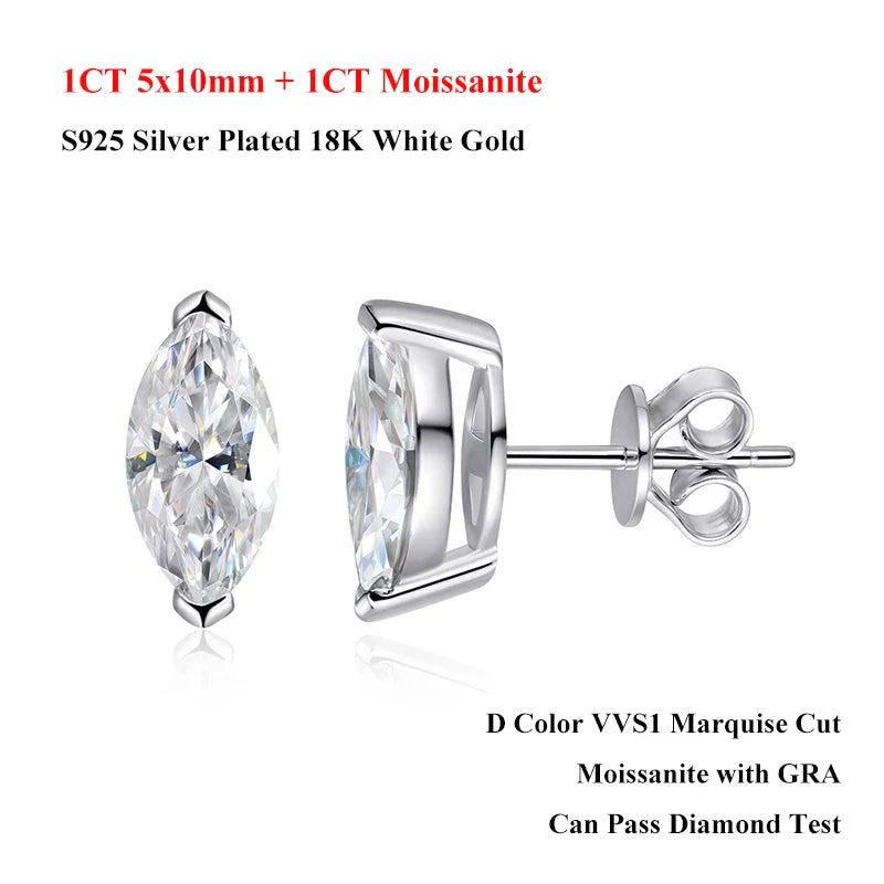 0.3/0.5/1/2ct D Color Marquise Cut Solitaire Moissanite Stud Earrings for Women 925 Silver GRA Certified Ear Fine Jewelry