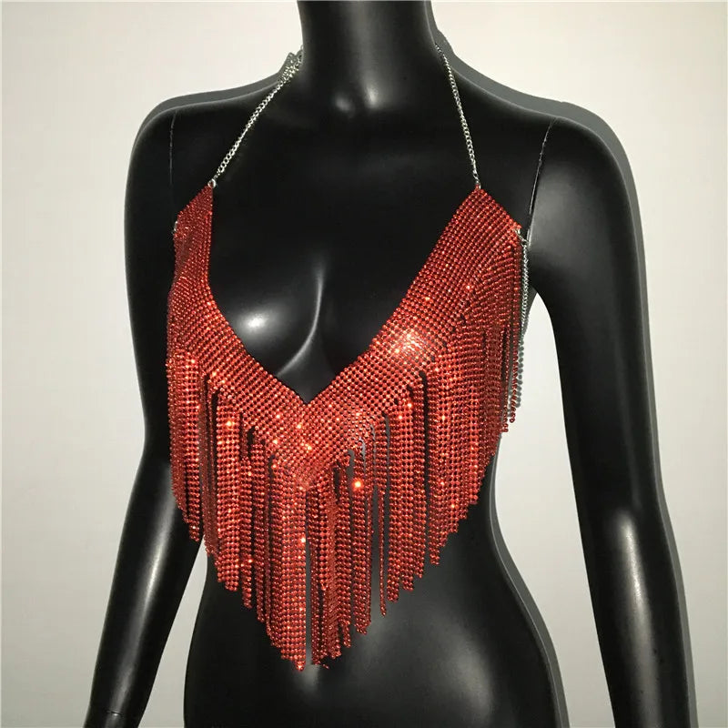 Bling Rhinestones Tassel Party Crop Top Woman Fashion Halter Neck Backless Design Full Diamond Sequins Nightclub Clubwear