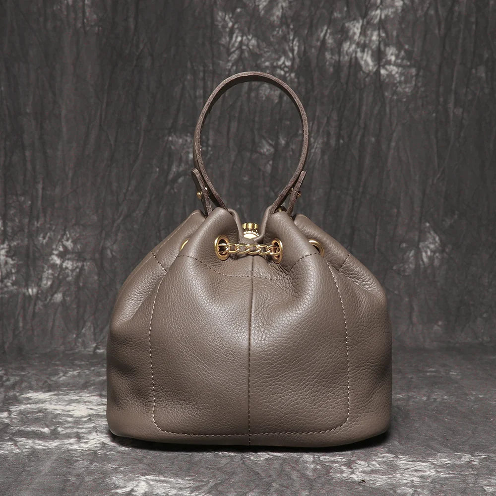Metal Drawstring Versatile Women's Handbag Genuine Leather Chain Crossbody Bag Vintage Bucket Bag Mobile Phone Bag