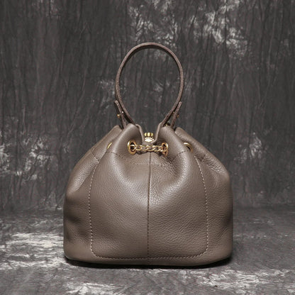 Metal Drawstring Versatile Women's Handbag Genuine Leather Chain Crossbody Bag Vintage Bucket Bag Mobile Phone Bag