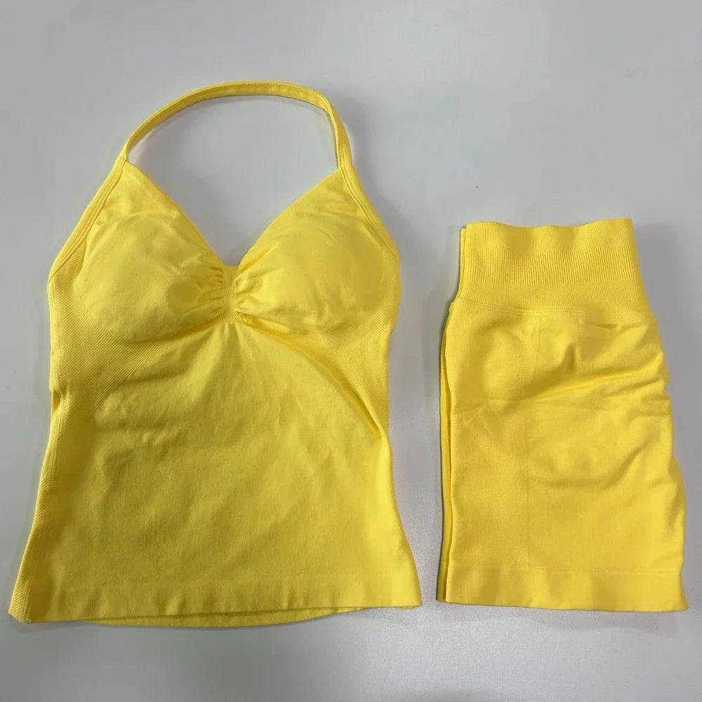 No Logo 2 Pieces Sports Set Workout Clothes Shorts Sets Gym Strappy Top Scrunch Shorts Yoga Clothing Gym Set