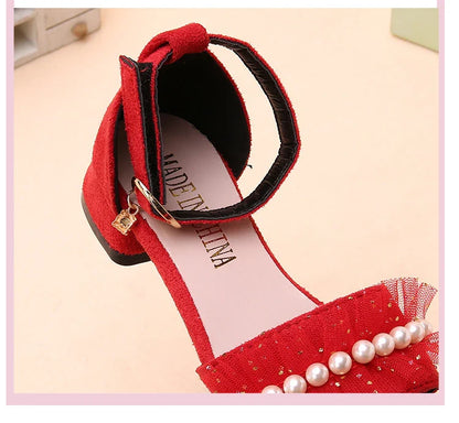 Girls Sandals Summer Shoes Cute Pearls Roman Shoes Pink Black Beading Open-toe Kids Fashion Girls Party Sandals Kids Shoes Chic