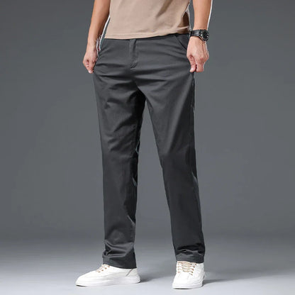 New Men's Business Cotton Thin Straight Pants Casual Elastic Slim Comfortable Male Brand Trousers Black Gray Khaki Royal Blue
