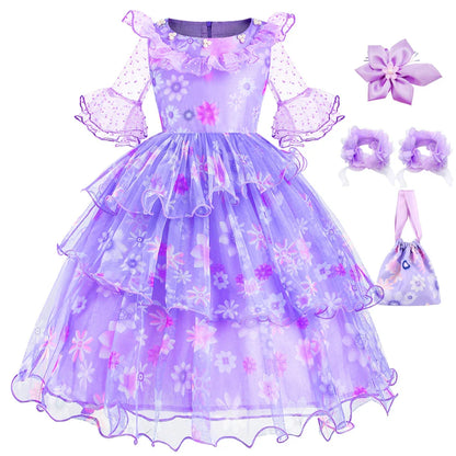Encanto Isabela Costume Dress For Kids Girl Flare Sleeve Princess Dress Fiower Gown Halloween Christmas Birthday Party Outfits