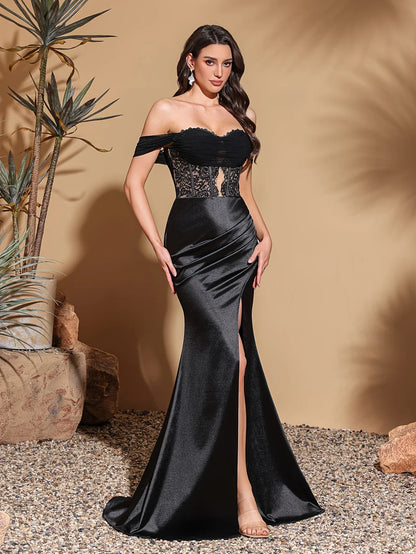 One-shoulder partially hollow lace collar high slit hip-hugging dress