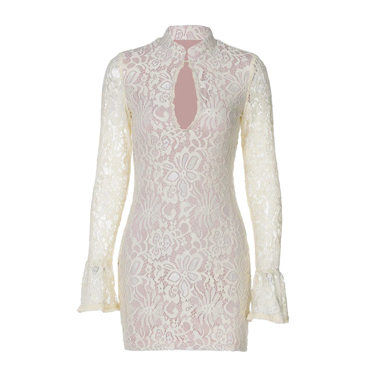 Turtleneck Long Flare Sleeve Patchwork Lace Hollow Out Button Sexy Mini Dress 2025 Spring Women Clothes Party Nightclub