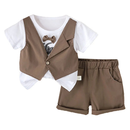 2Pcs Baby Boys Party Gentleman Outfit Short Sleeve Bowknot 2 in 1 T-shirt with Fake Waistcoat And Shorts Set Kids Summer Clothes