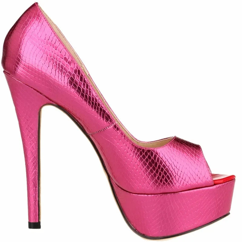 Women Sandals Sexy Pumps Patent Leather Platform Crocodile Pattern 14cm High Heels Peep Toe Stilettos Party Dress Wedding Shoes