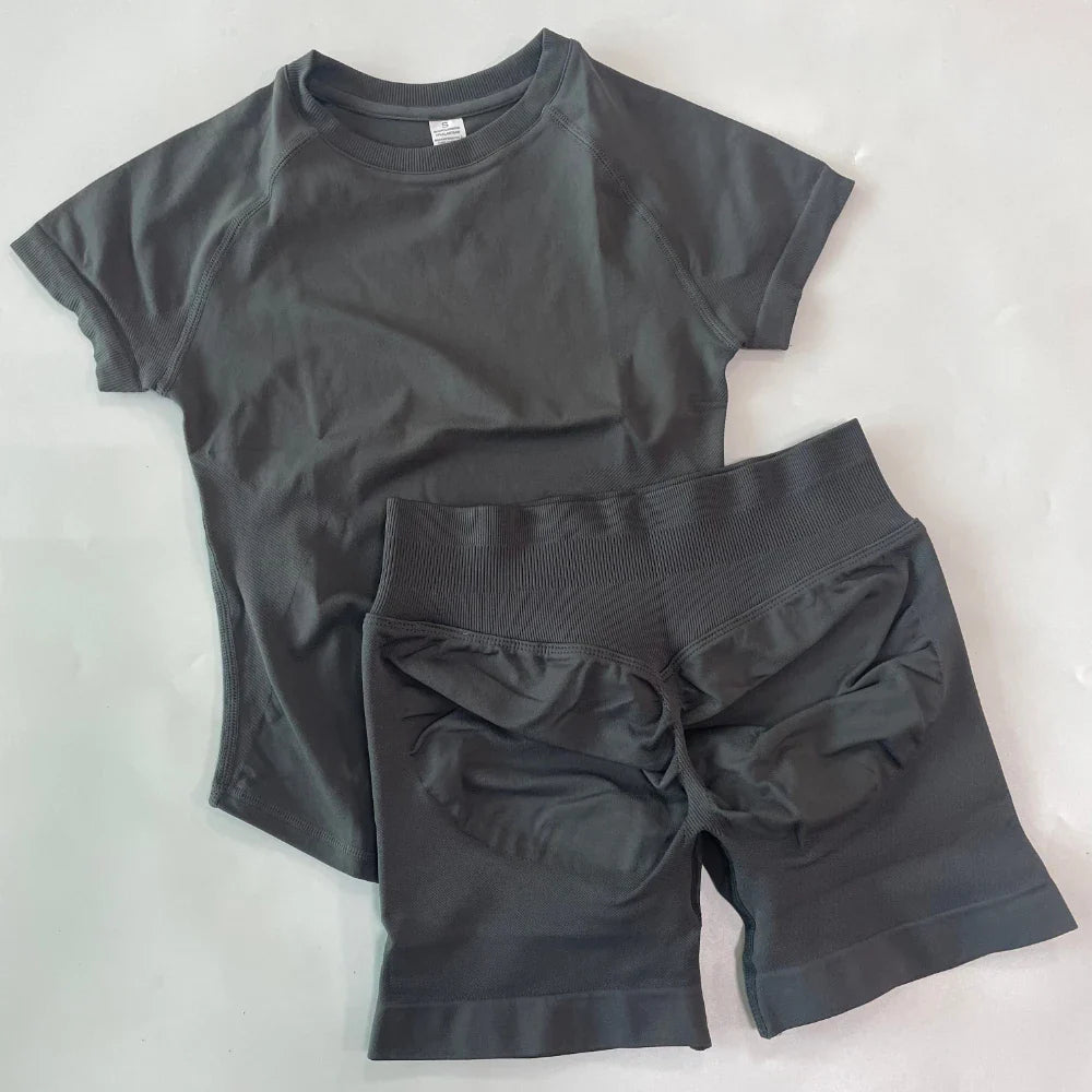 2 Piece Yoga Set Women Outfit Longline Short Sleeve Gym Crop Top High Waist Workout Shorts Sports Suit Fitness Clothes Gym Set