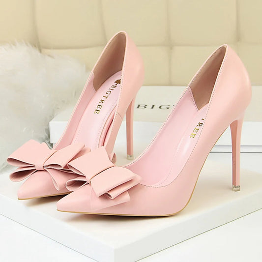 Female New Elegant 10.5cm High Heels Pumps Lady Sky Blue Butterfly Knot Design Princess Shoes Women Glam Pointed Toe Shoes