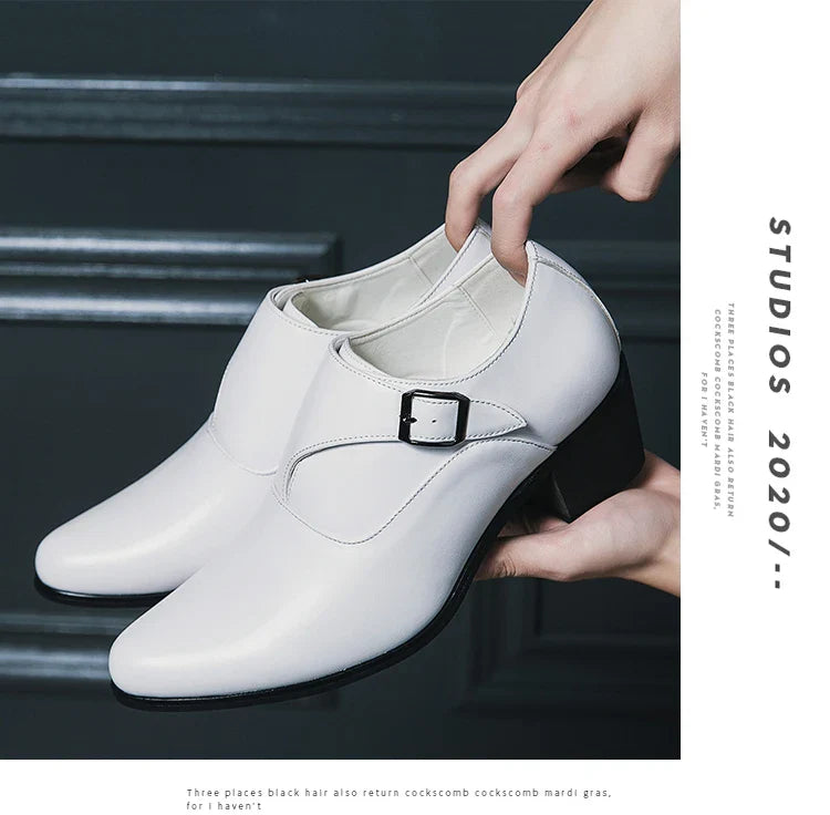 Dress Shoes Man Thick Heel Brogue Leather Men Wedding Party Social Shoe Male Business Casual White Platform Formal Shoes For Men