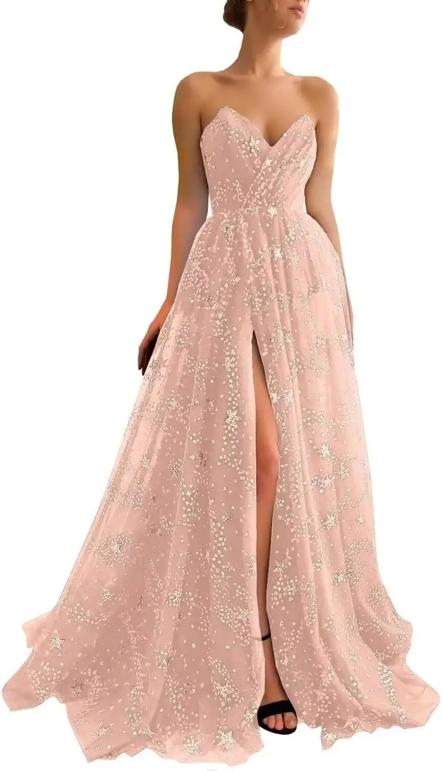 V Neck Luxury Women's Sparkle Starry Tulle Prom Dresses Strapless Slit Formal Evening Party Gowns Formal Dress Women Elegant