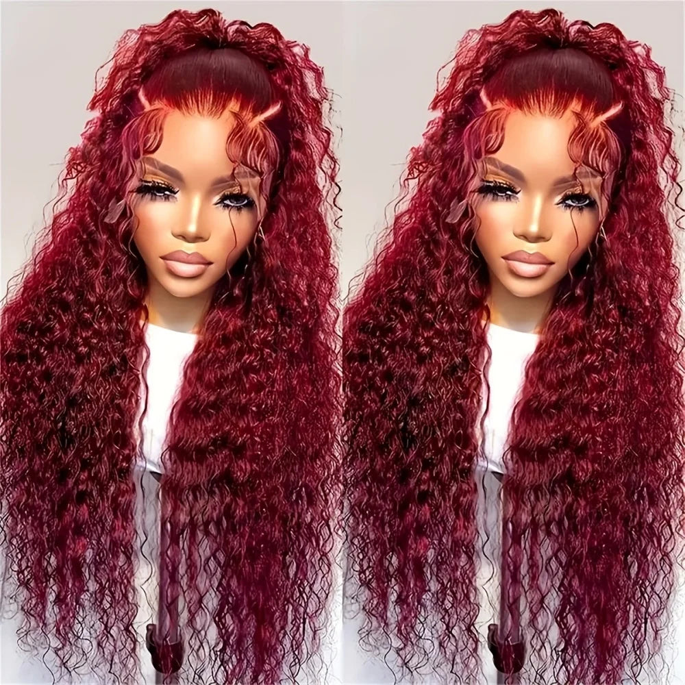 13x6 99j Burgundy Lace Front Wigs Human Hair Deep Wave 250 Density Transparent Frontal Wigs Pre Plucked Red Curly Wigs for Women
