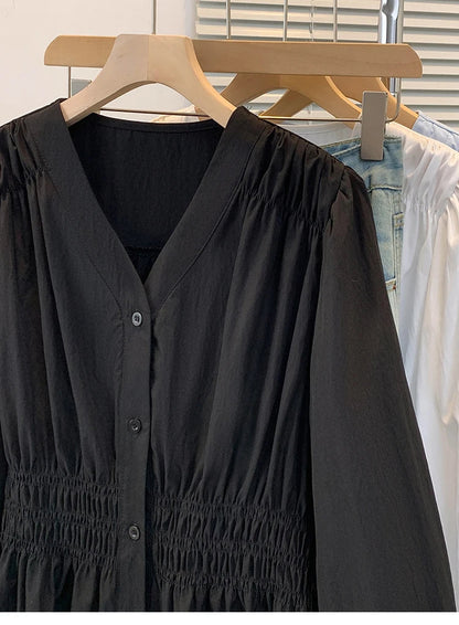 2026 V-neck Long Sleeved Plus Size Shirt Loose Pleated Ruffle Oversized Tops Ladies Chic Elegant Solid Versatile Blouse
