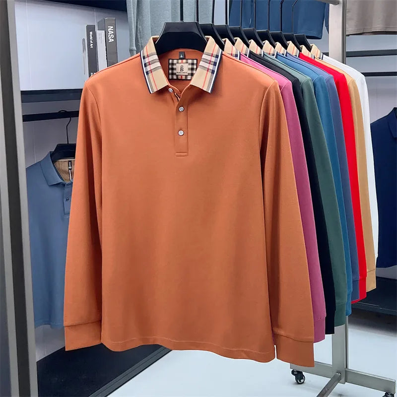 Men's Plaid Long Sleeve Polo Shirt Autumn Winter Casual Office Outdoor Fashion Top Commercial Collar Trendy Men's Clothing