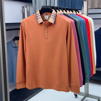 Men's Plaid Long Sleeve Polo Shirt Autumn Winter Casual Office Outdoor Fashion Top Commercial Collar Trendy Men's Clothing