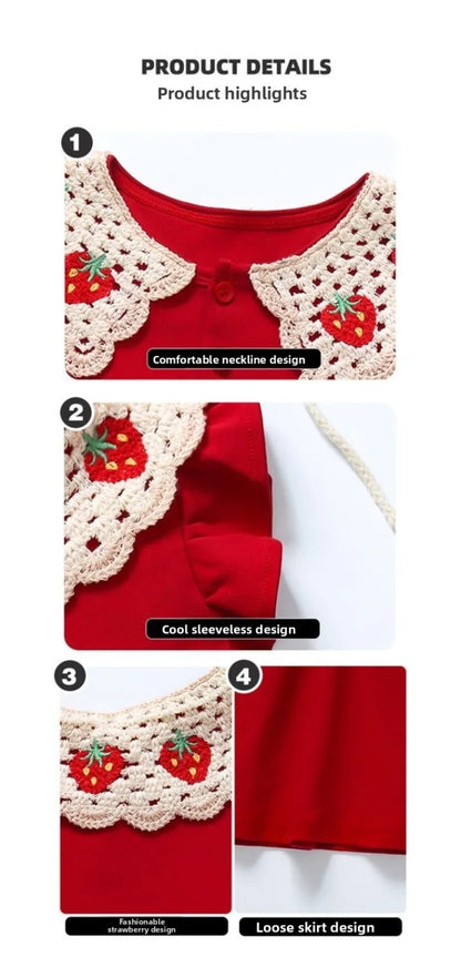 2026 Summer New Style Girls Sleeveless Dress Fashion Strawberry Turn-down Collar Kids Princess Dresses Child Red Party Clothes