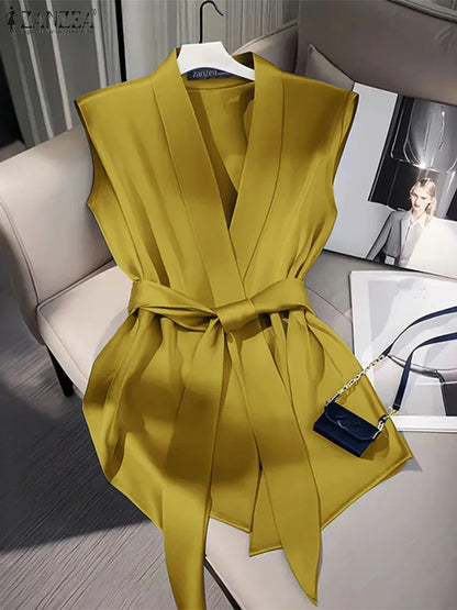 Women Shiny Satin Blouses Elegant Wrapped V-Neck Sleeveless Tops 2025 Summer Office Commuting Belted Party Blusas Mujer