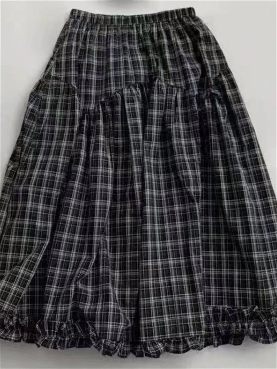 Retro Black Plaid High Waist A-Line Midi Skirt Women's Summer New Korean Fashion Maxi Skirt Lace Trim Umbrella Skirt Streetwear