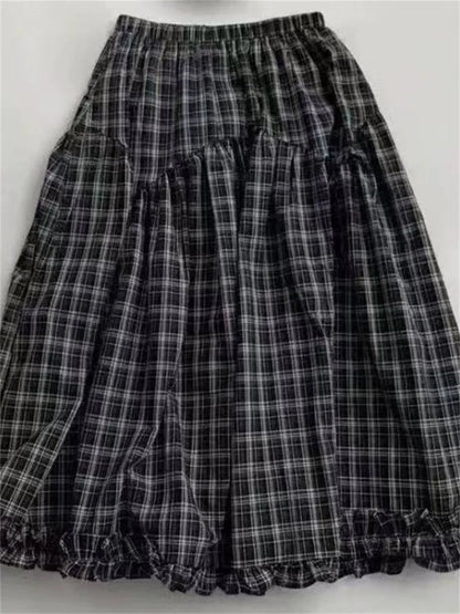 Retro Black Plaid High Waist A-Line Midi Skirt Women's Summer New Korean Fashion Maxi Skirt Lace Trim Umbrella Skirt Streetwear