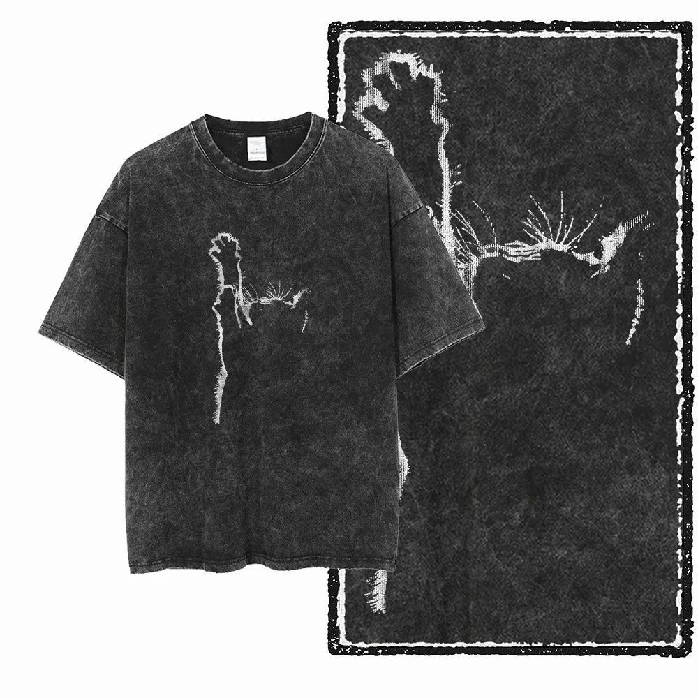 cat Printed Cotton Acid Washed Exclusive Graphic Unisex T Shirt Cool Streetwear Men Tshirts Big Size Tee for men
