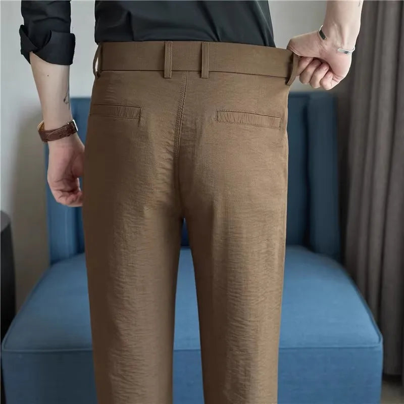 Summer Lightweight Suit Pants Men Solid Color Straight Smart Casual Suit Trousers Mens Half Elastic Waist Full Length Pants