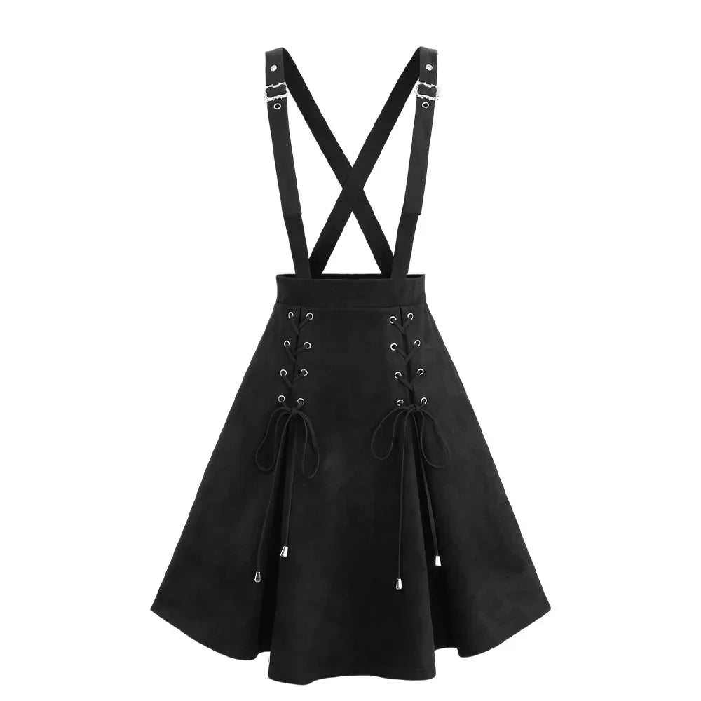 S-3XL Black Lace Up Crisscross Strappy Buckle Grommet Skirts Suspenders Detachable,  Women Casual Knee-Length Suspender Skirt