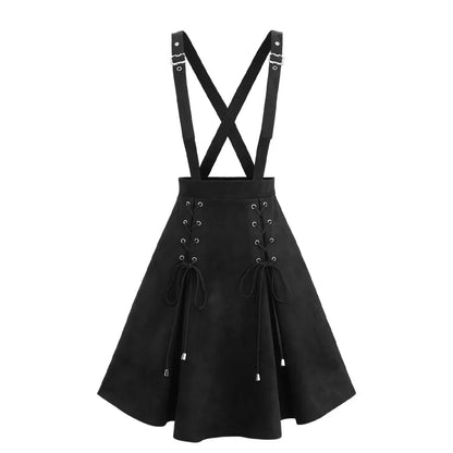 S-3XL Black Lace Up Crisscross Strappy Buckle Grommet Skirts Suspenders Detachable,  Women Casual Knee-Length Suspender Skirt