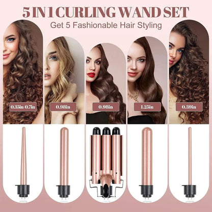 5 in 1 Hair Curlers Set with Curling Brush, 0.35”-1.25” Hair Curler Wand for Hairstyle and Heat Resistant Gloves and Hair Clip