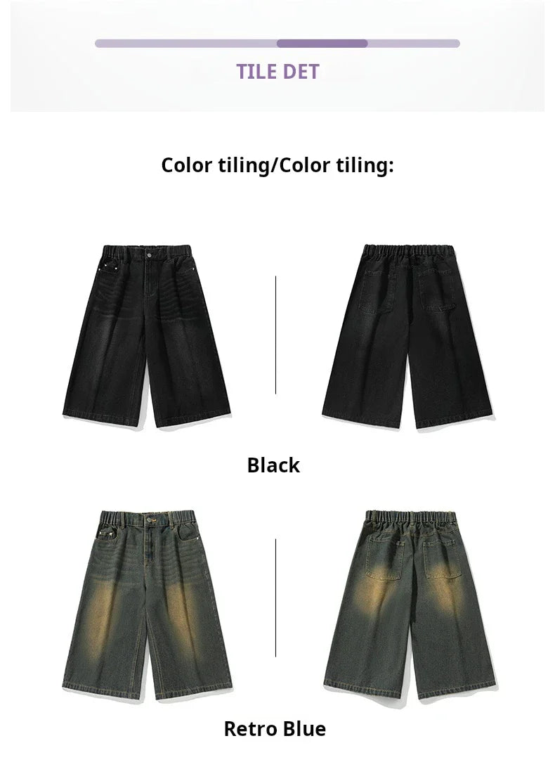 2025 Summer Men's Wide Leg Jeans Shorts Vintage Distressed Wash Y2K Straight Elastic Waist Loose Casual Relaxed Fit