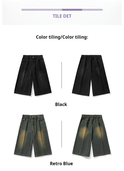 2025 Summer Men's Wide Leg Jeans Shorts Vintage Distressed Wash Y2K Straight Elastic Waist Loose Casual Relaxed Fit